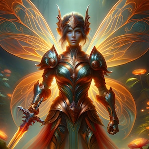 Hada guerrera en armadura de cobre 01 - Descarga digital - Hadas - Fantasía - 300 dpi - Tamaños = Carta, A3, A4, A5, A6 - Imagen imprimible