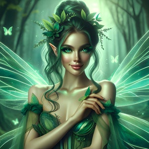 Wunderschöne grüne Fee 16 - Digital Download - Feen - Fantasie - 300 dpi - Größen= Letter, A3, A4, A5, A6 - AI Art Print - Druckbares Bild