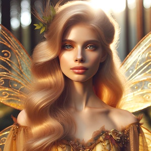 Wunderschöne Goldfee 25 - Digital Download - Feen - Fantasie - 300 dpi - Größen = Letter, A3, A4, A5, A6 - AI Kunstdruck - Druckbares Bild