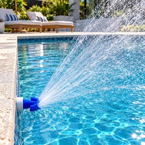 Puede incluir: Un accesorio de fuente para piscina de plástico azul montado en el borde de una piscina, que rocía un chorro de agua ancho en forma de abanico sobre la superficie del agua azul clara, creando una niebla visible y ondas en el área.