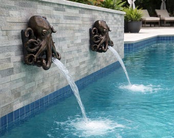 Refurbished Like New Octopus Pool Scupper Spillway: Hand-Finished Metallic Water Feature in Oil-Rubbed Bronze