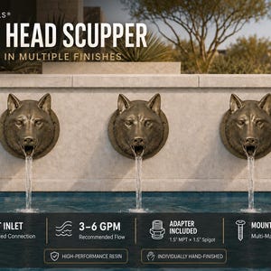 May include: Three bronze-colored wolf head scuppers mounted on a light stone wall above a pool, each with water flowing from the mouth. Text reads: ARTISTA POOLS WOLF HEAD SCUPPER, 1.5" FPT INLET, 3-6 GPM, ADAPTER INCLUDED, MOUNTING HARDWARE, HIGH-PERFORMANCE RESIN, INDIVIDUALLY HAND-FINISHED.