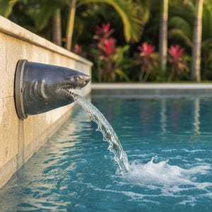 May include: A dark gray shark head sculpture mounted on a light tan stone wall, functioning as a pool water fountain. The shark head is positioned horizontally, with a stream of clear water flowing from its open mouth into the swimming pool below.