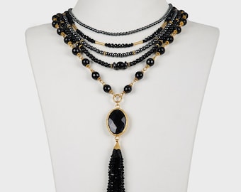 Bestes Geschenk für Mütter, mehrschichtige Halskette für Frauen, schwarzer Onyx-Edelstein-Anhänger, mehrsträngiges Perlen-Statement, Cadeau Femme