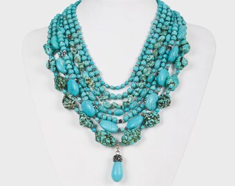 Beste cadeau voor moeders, meerlaagse ketting voor vrouwen, dikke blauwe turquoise edelsteen hanger, multi strand kralen statement, cadeau femme