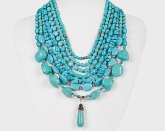 Bestes Geschenk für Mütter, mehrschichtige Halskette für Frauen, klobiger blauer Türkis-Edelsteinanhänger, mehrreihige Perlenaussage, Cadeau Femme