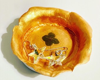 Four Leaf Clover Motif and Gold Interior on White Clay Jewelry Catchall Dish