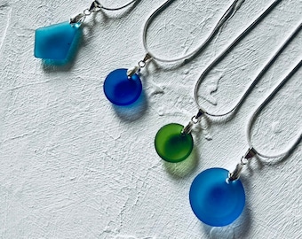 Blue Sea Glass Necklace, Sea Glass and Silver Necklace, Silver Plated Snake Necklace, Recycled Glass Pendant, Royal Blue Sea Glass Jewelry