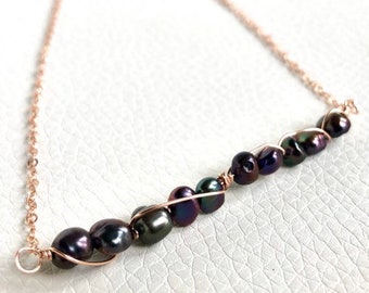 Black Freshwater Pearl and 14k Rose Gold Wire Wrap Necklace