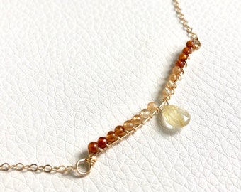 Golden Rutilated Quartz and Hessonite Beads with 14k Gold Wire Wrapped Necklace