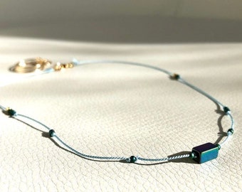 Hematite Stone and Japanese Seed Beads on Silk Chord Necklace