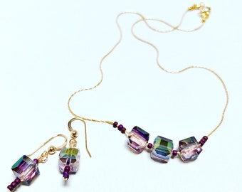 Iridescent Glass Purple Beads and Japanese Seed Beads with 14k Gold Jewelry Set