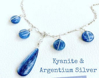 Kyanite Necklace, Blue Kyanite Necklace, Argentium Silver Jewelry, Hypoallergenic Necklace, Wire Wrapped Silver Necklace, Handmade Necklace