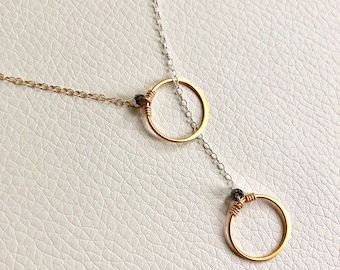 Long Silver & Gold Open Circle, Eternity Lariat Necklace