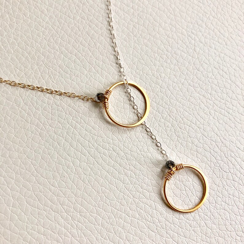 Long Silver & Gold Open Circle, Eternity Lariat Necklace image 1