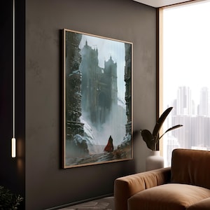 Mysterious Traveler Poster, Fantasy Castle Art Print, Bedroom Decor Gift for Him, Brown and White Wall Decoration, Man Cave DnD Artwork