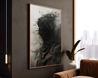 May include: A black and white digital art print of a shadowy figure with branches and vines growing from its head. The figure is wearing a hooded cloak and is set against a dark background.