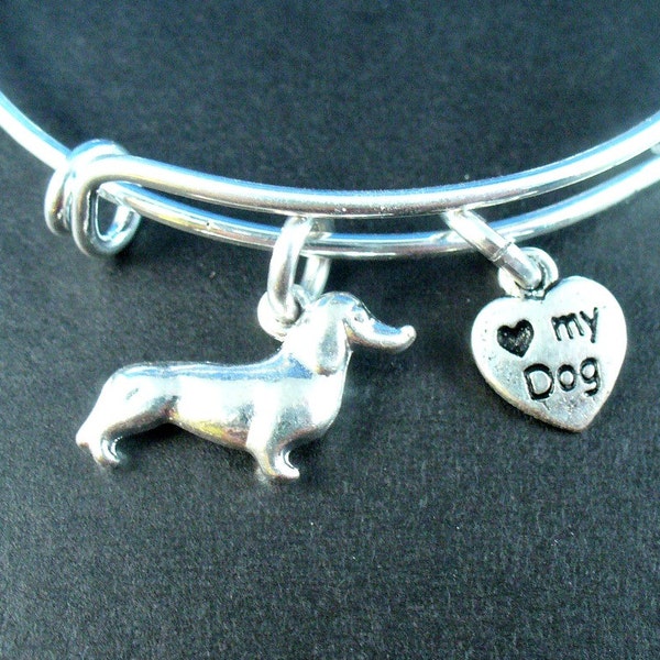 Dachshund Stainless Steel Bangle Bracelet, I Love My Dog Bangle, Gift For Her