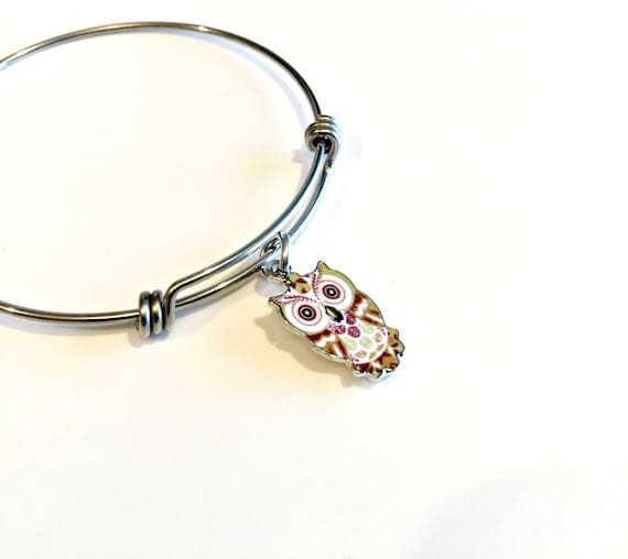 Owl always love you charm bracelet Stainless steel expandable bangle