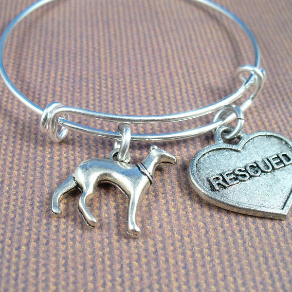 Greyhound or Whippet, Save A Dog, Rescued Charm, Adopt Don't Shop, Stainless Steel Bangle Bracelet,  Trendy Gift