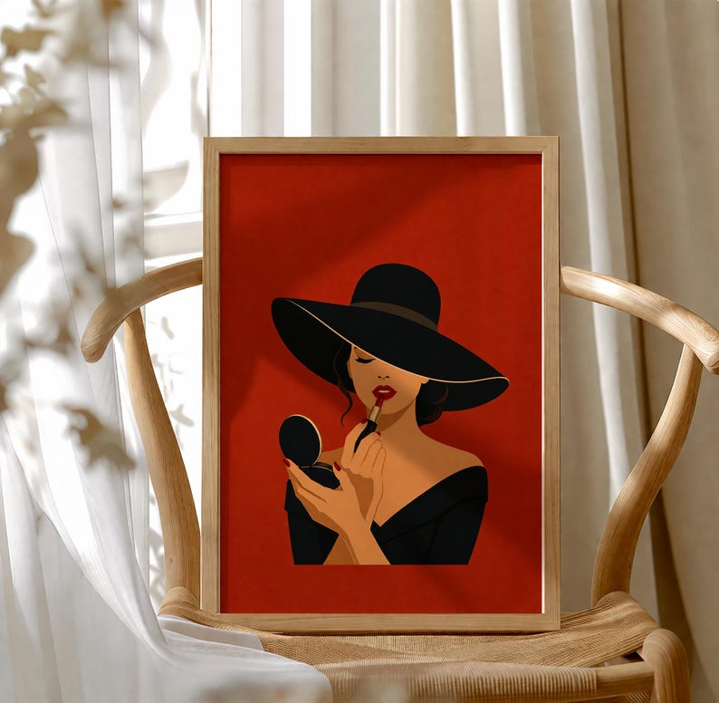 Elegant Woman Wall Art Print, Black Hat Lipstick Poster, Red Background ...