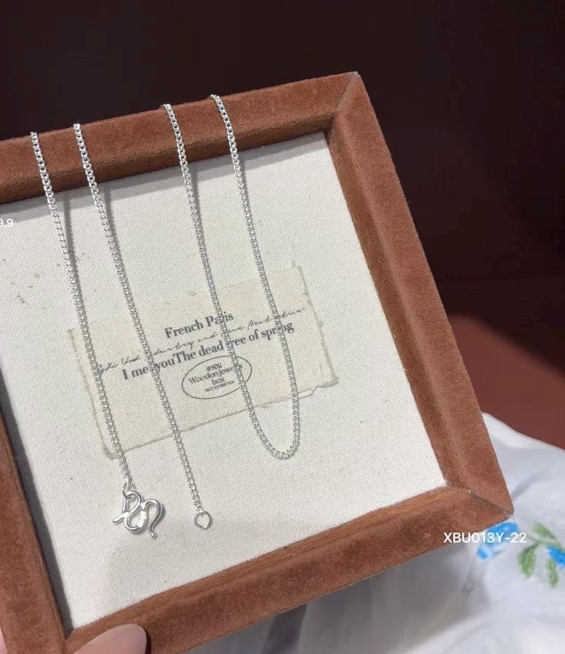 Puede incluir: Un collar de cadena en tono plateado con un dise&ntilde;o de eslabones delicados y un cierre decorativo. El collar se exhibe sobre un inserto de tela clara dentro de un marco marr&oacute;n, que incluye el texto French Paris y The dead tree of spring.