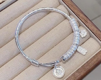 999.9 Fine Silver Bangle, Adjustable Fortune Bracelet, Wealth God Design