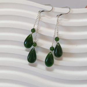 Green Nephrite Jade Earrings: Sterling Silver Dangle, 6cm