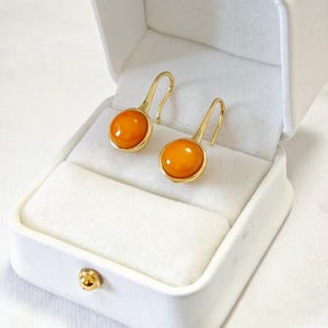 Op de afbeelding: Een paar goudkleurige oorhangers met ronde, amberkleurige stenen. De oorbellen worden gepresenteerd in een witte sieradendoos met een goudkleurige sluiting. De oorbellen hebben een eenvoudig, elegant ontwerp.
