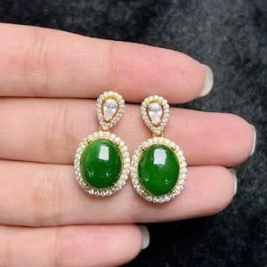 Green Nephrite Jade Earrings: 925 Silver, Gold Plated