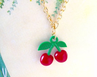 Red Juicy Cherry Golden Necklace, Cherry Necklace, Cute Necklace, Sweet Necklace, Fruit Necklace, Christmas Gift, Sweet Gift for Her