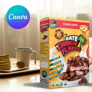 May include: A box of "Date Choco Flakes" cereal with a cartoon lion and palm tree design. The box features text including "Dietary Fiber," "High in Protein," and "Immense Dates Power." A cup of coffee, a piece of cake, and an egg are on a tray.