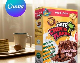 Plantilla de caja de cereales Choco Flakes: Plantilla CANVA editable e imprimible.