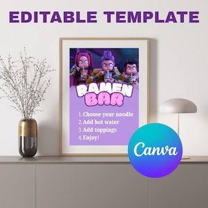 Könnte beinhalten: Ein gerahmtes Poster mit dem Text "RAMEN BAR" und Anweisungen. Das Poster zeigt Zeichentrickfiguren, die Ramen genießen. Das Canva-Logo befindet sich in der unteren rechten Ecke. Die Worte "EDITABLE TEMPLATE" stehen oben.