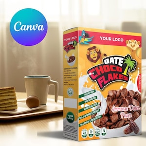 Szablon pudełka na płatki śniadaniowe Choco Flakes, edytowalny projekt opakowania Canva, wersja cyfrowa do pobrania