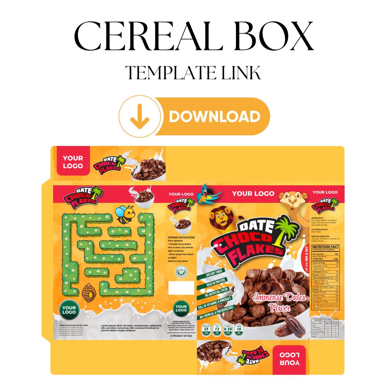 Choco Flakes Cereal Box Template Editable CANVA Template Printable