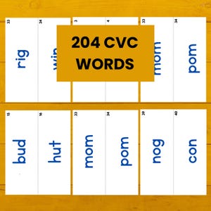 204 CVC-woorden-flashcards voor kinderen, afdrukbare klankkaarten, leren lezen, korte klinkerwoorden oefenen