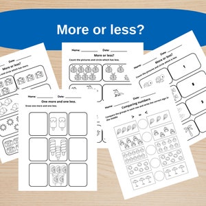 May include: Black and white printable worksheets for kids to practice counting and comparing numbers. The worksheets feature various images like suitcases, hats, suns, ice cream cones, ladybugs, turtles, and palm trees. The worksheets include the phrases "More or less?", "One more and one less", and "Comparing numbers".