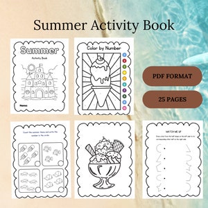 May include: A black and white printable activity book for children featuring summer themes like ice cream, sandcastles, and fish. The book includes 25 pages and is available in PDF format.