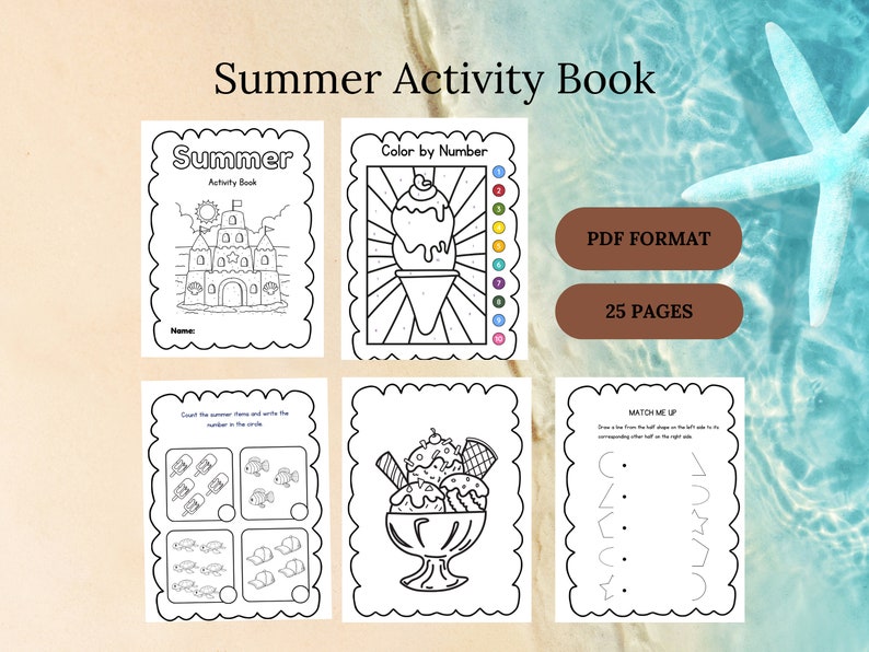 May include: A black and white printable activity book for children featuring summer themes like ice cream, sandcastles, and fish. The book includes 25 pages and is available in PDF format.