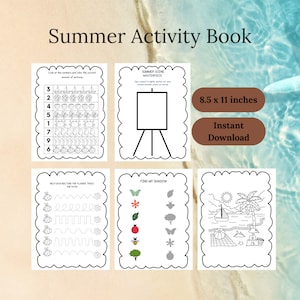 May include: Black and white printable summer activity book for children. The book includes activities such as counting, tracing, and finding matching shadows. The book is 8.5 x 11 inches and is available for instant download.