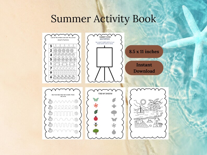 May include: Black and white printable summer activity book for children. The book includes activities such as counting, tracing, and finding matching shadows. The book is 8.5 x 11 inches and is available for instant download.