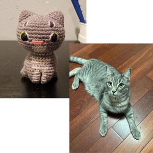 May include: A crocheted gray cat doll with yellow eyes and a pink mouth. The doll is sitting upright on a dark surface. A gray tabby cat is lying on a wooden floor.