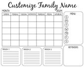 Editable Dry Erase Family Command Center with Calendar, Menu, Reminders, and Notes, Printable - Family of 3 - 20x16 inches