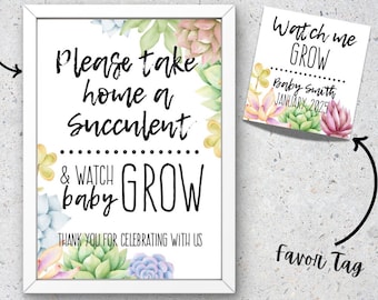 Baby Shower Succulent Favor Tags and Sign, Watch Me Grow, Watch Baby Grow
