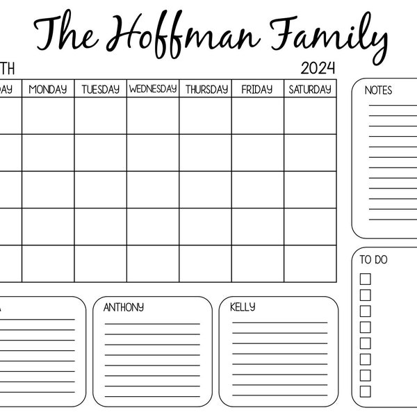 Editable Dry Erase Family Command Center with calendar, to-do list, notes - 3 Family Members