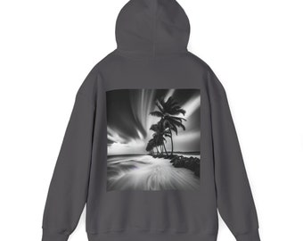 Monochrome Tropical Paradise Heavy Blend Unisex Hoodie: Beach Vibes & Cozy Comfort Graphic Hooded Sweatshirt
