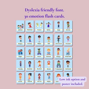 30 tarjetas con emociones y fuentes aptas para dislexia. Póster con opción de poca tinta. Imágenes divertidas y lindas. Amplíe el vocabulario de su hijo.