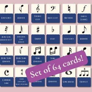 May include: Set of 64 flashcards featuring musical notation symbols, clefs, time signatures, and terms. The cards are cream coloured with blue and purple accents. The text on the cards is black.