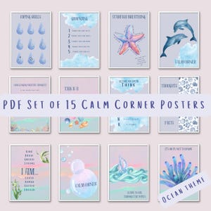 Könnte beinhalten: Ein Set mit 15 druckbaren Postern mit Meeres-Thema. Die Poster zeigen beruhigende Sprüche und Bilder, wie Seesterne, Muscheln und Wellen. Die Poster sind dazu gedacht, Kindern und Erwachsenen zu helfen, ihre Emotionen zu bewältigen und einen beruhigenden Raum zu schaffen.